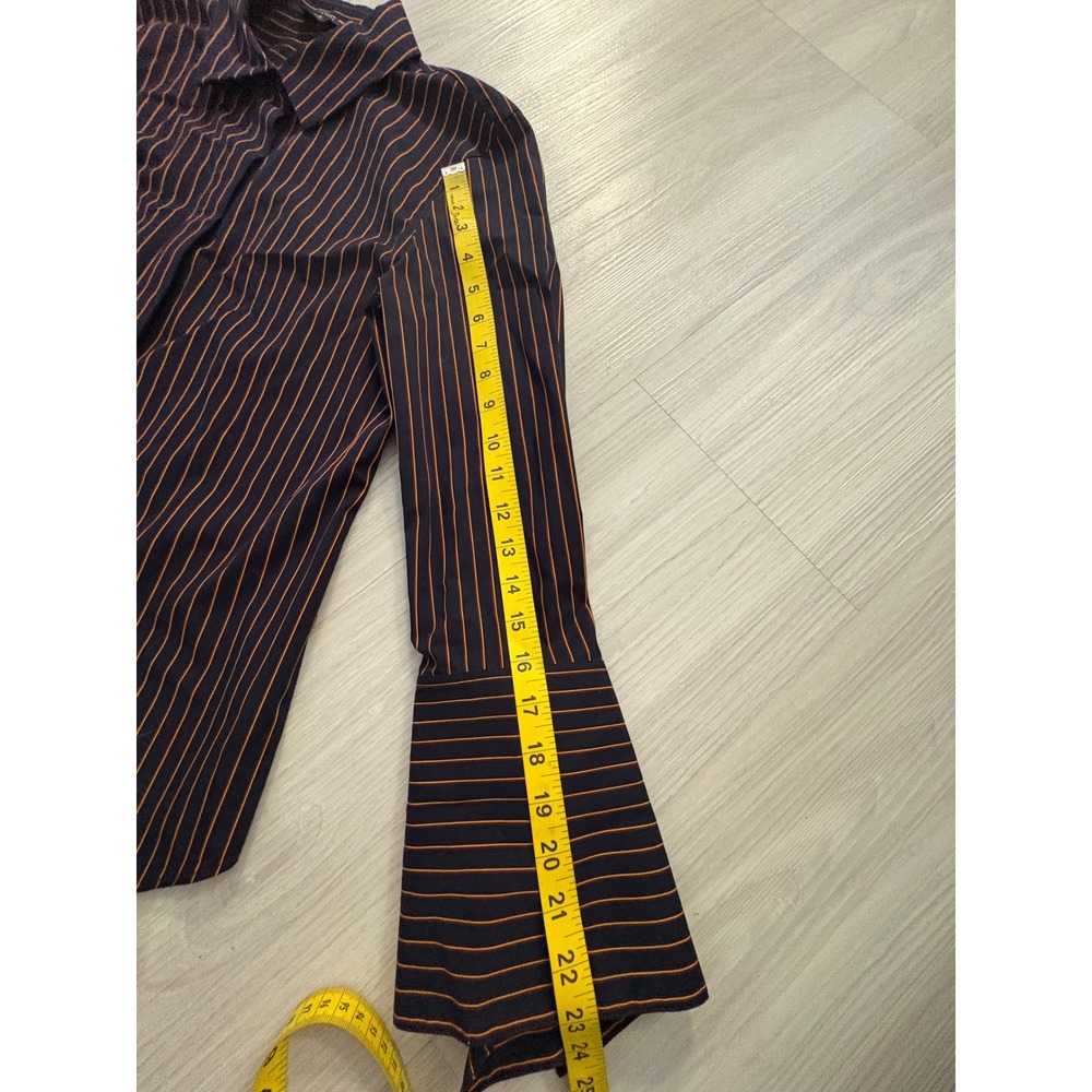 Lafayette 148 New York Women Shirt Navy Orange Striped Bell Cuff Button Down 4 - Picture 7 of 12